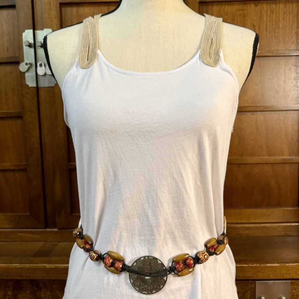 VTG Boho Chinese Zodiac Medallion Wood Bead Mother Of Pearl Hip Belt Or Necklace